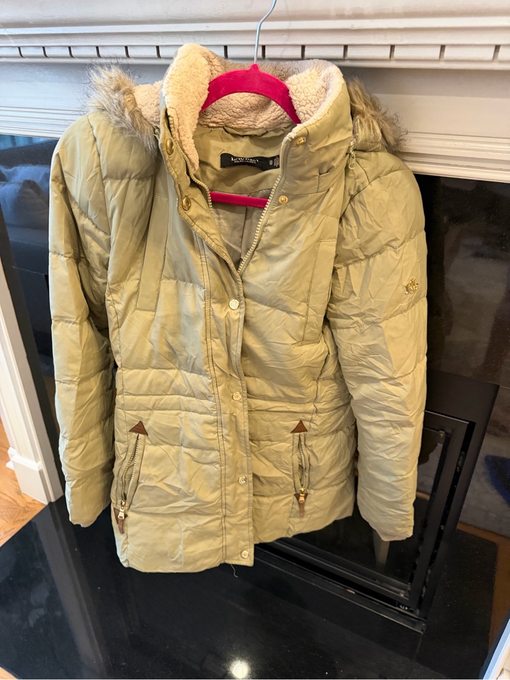 Lauren Ralph Lauren Light Olive Quilted Puffer Jacket with Faux Fur Trim